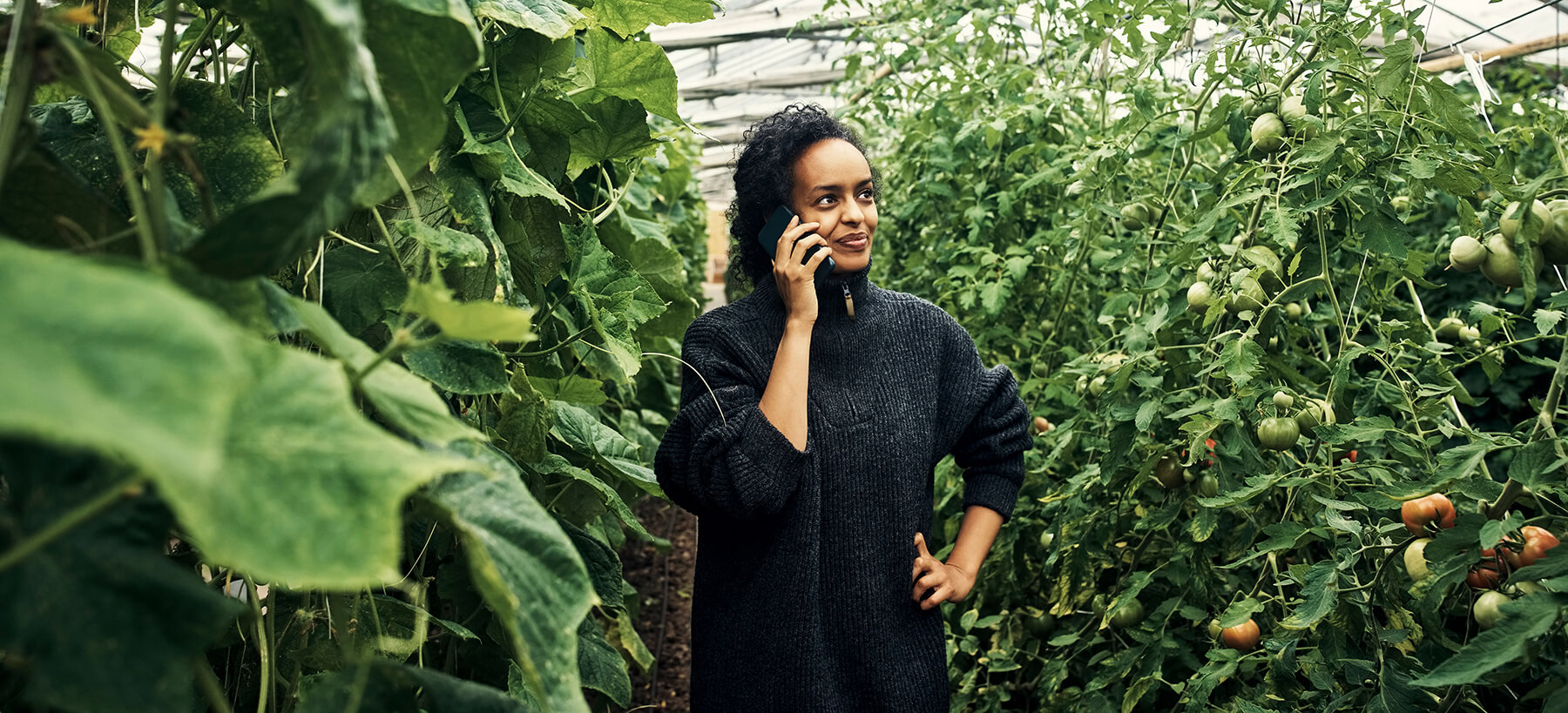 Photo of a young woman talking on a cellphone while working in a greenhouse